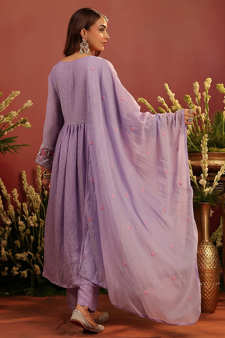 Lavender Mul Chanderi Floral Motif Embroidered Angrakha Anarkali Set by Scakhi Luxe at Pernia's Pop Up Shop
