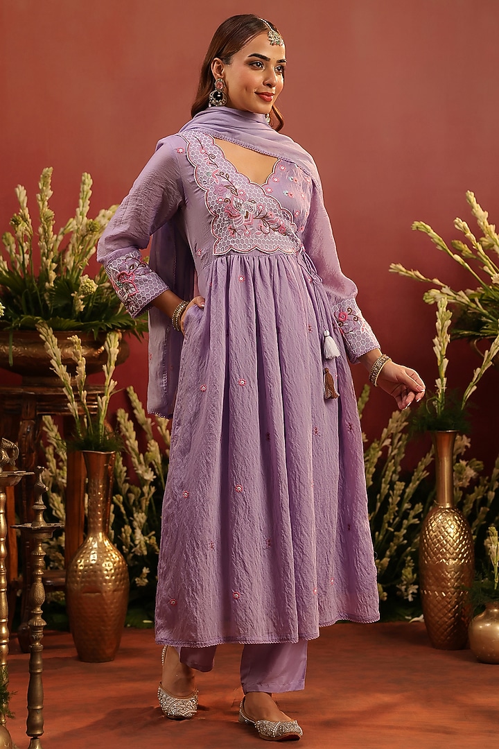 Lavender Mul Chanderi Floral Motif Embroidered Angrakha Anarkali Set by Scakhi Luxe at Pernia's Pop Up Shop