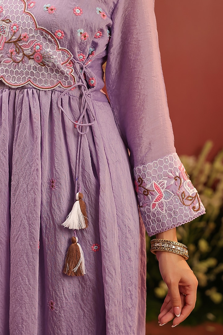 Lavender Mul Chanderi Floral Motif Embroidered Angrakha Anarkali Set by Scakhi Luxe at Pernia's Pop Up Shop