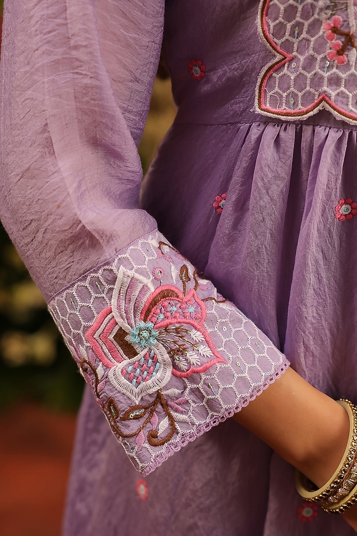 Lavender Mul Chanderi Floral Motif Embroidered Angrakha Anarkali Set by Scakhi Luxe at Pernia's Pop Up Shop
