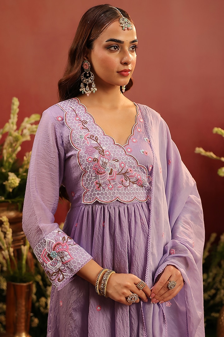 Lavender Mul Chanderi Floral Motif Embroidered Angrakha Anarkali Set by Scakhi Luxe at Pernia's Pop Up Shop
