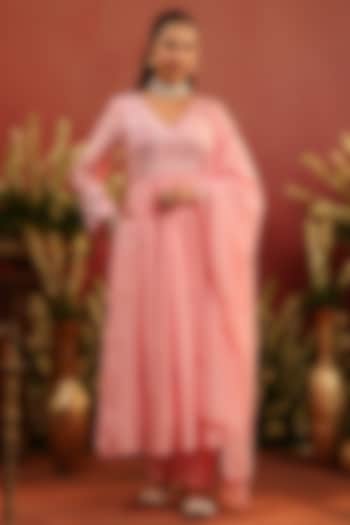 Pink Mul Chanderi Floral Motif Embroidered Angrakha Anarkali Set by Scakhi Luxe at Pernia's Pop Up Shop