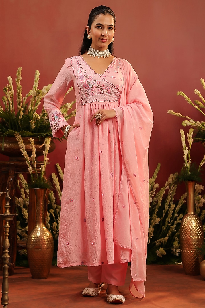 Pink Mul Chanderi Floral Motif Embroidered Angrakha Anarkali Set by Scakhi Luxe at Pernia's Pop Up Shop