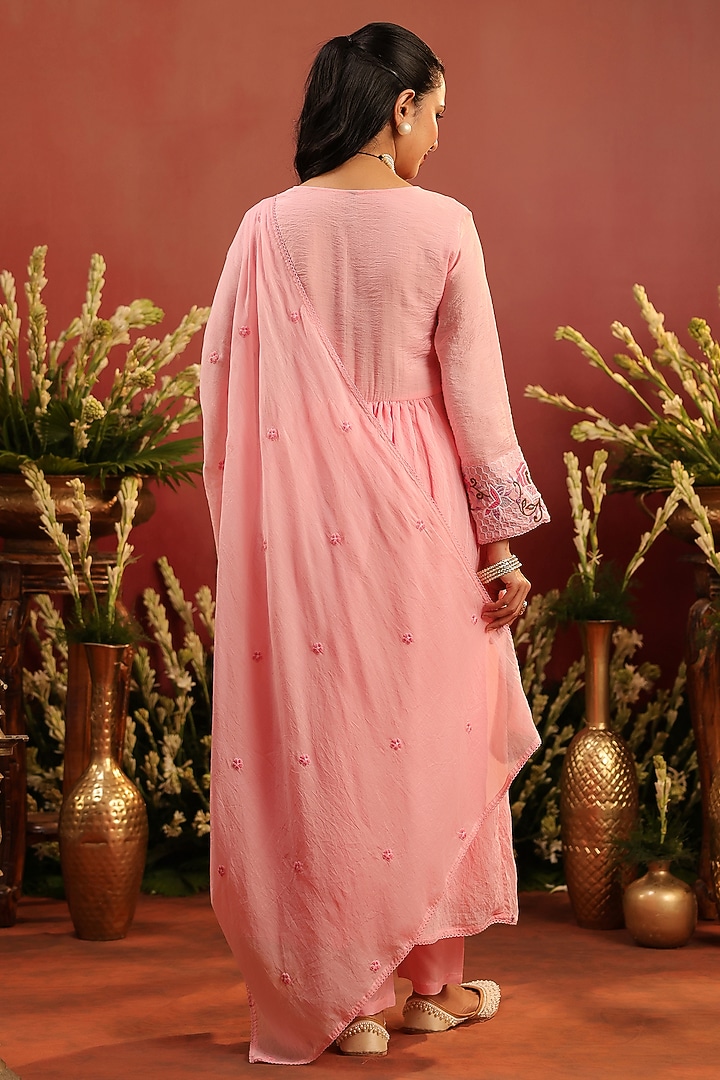 Pink Mul Chanderi Floral Motif Embroidered Angrakha Anarkali Set by Scakhi Luxe at Pernia's Pop Up Shop