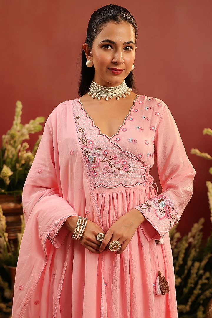 Pink Mul Chanderi Floral Motif Embroidered Angrakha Anarkali Set by Scakhi Luxe at Pernia's Pop Up Shop