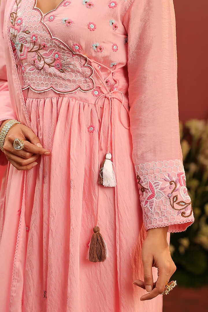 Pink Mul Chanderi Floral Motif Embroidered Angrakha Anarkali Set by Scakhi Luxe at Pernia's Pop Up Shop