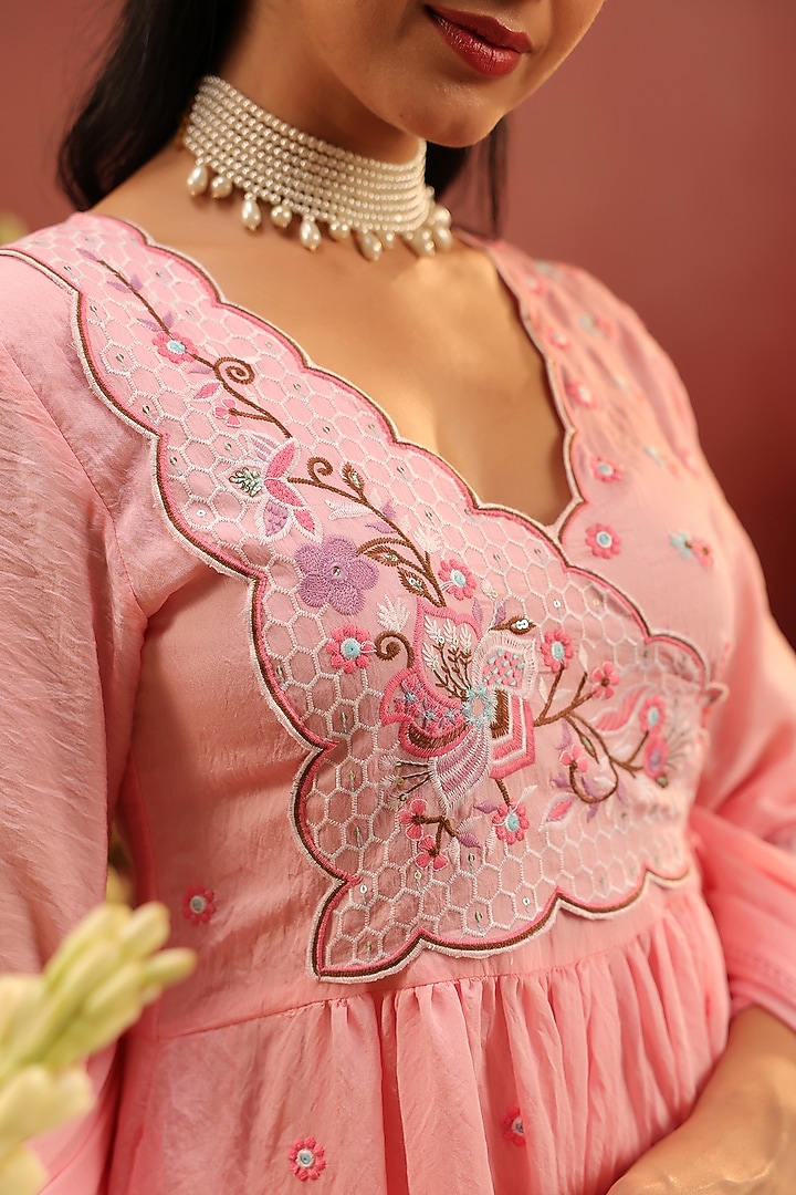 Pink Mul Chanderi Floral Motif Embroidered Angrakha Anarkali Set by Scakhi Luxe at Pernia's Pop Up Shop