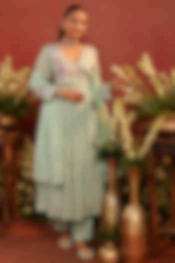 Sea Green Mul Chanderi Floral Motif Embroidered Angrakha Anarkali Set by Scakhi Luxe at Pernia's Pop Up Shop