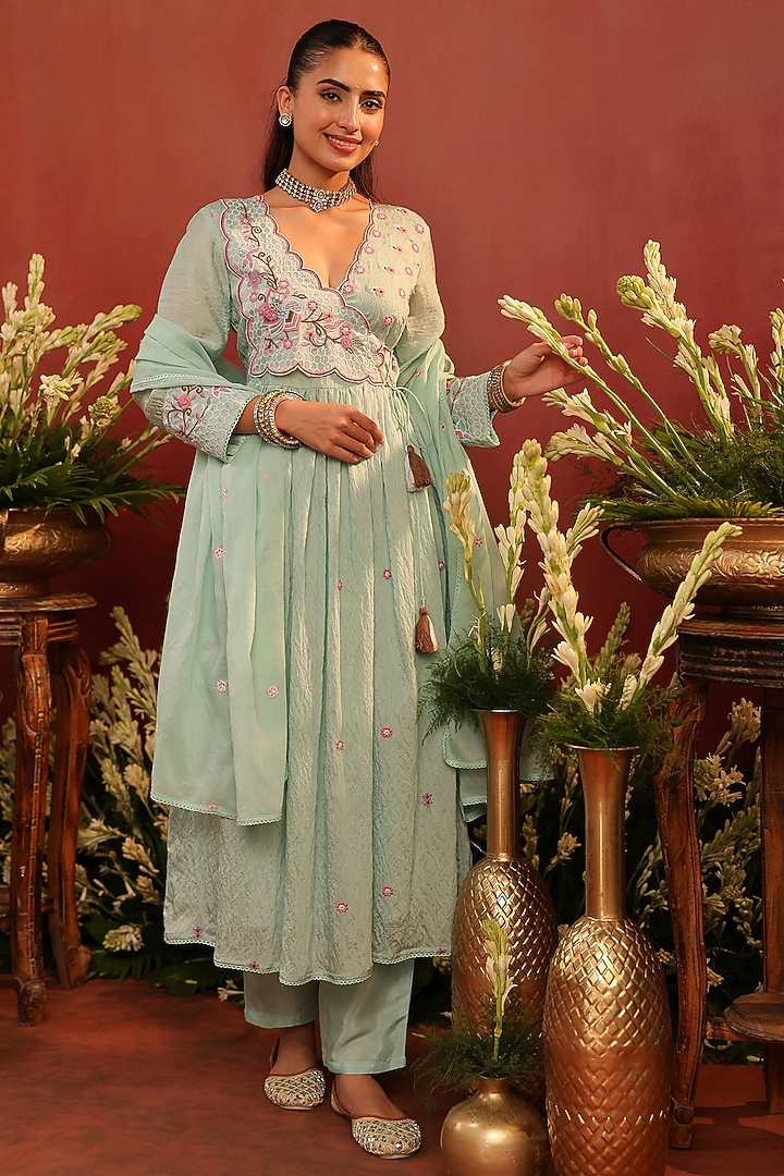 Sea Green Mul Chanderi Floral Motif Embroidered Angrakha Anarkali Set by Scakhi Luxe at Pernia's Pop Up Shop
