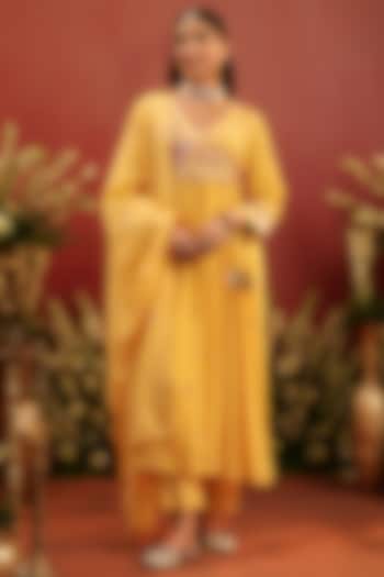 Yellow Mul Chanderi Floral Motif Embroidered Angrakha Anarkali Set by Scakhi Luxe at Pernia's Pop Up Shop