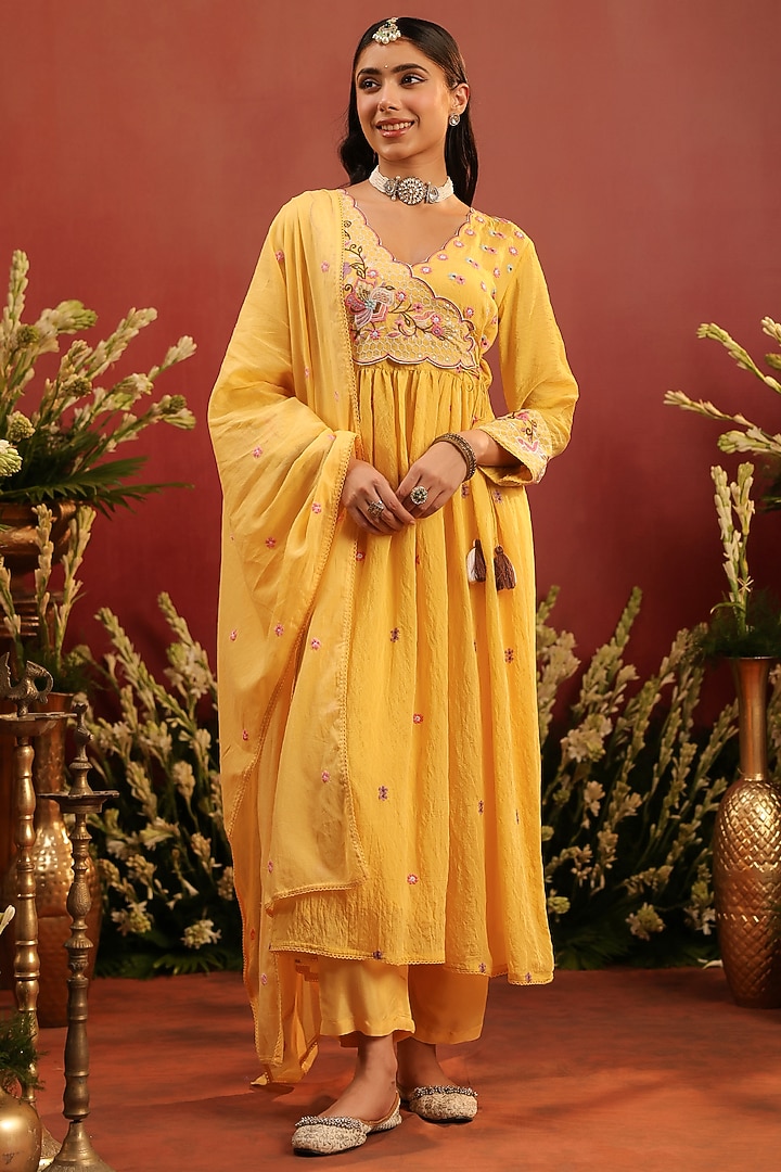 Yellow Mul Chanderi Floral Motif Embroidered Angrakha Anarkali Set by Scakhi Luxe at Pernia's Pop Up Shop