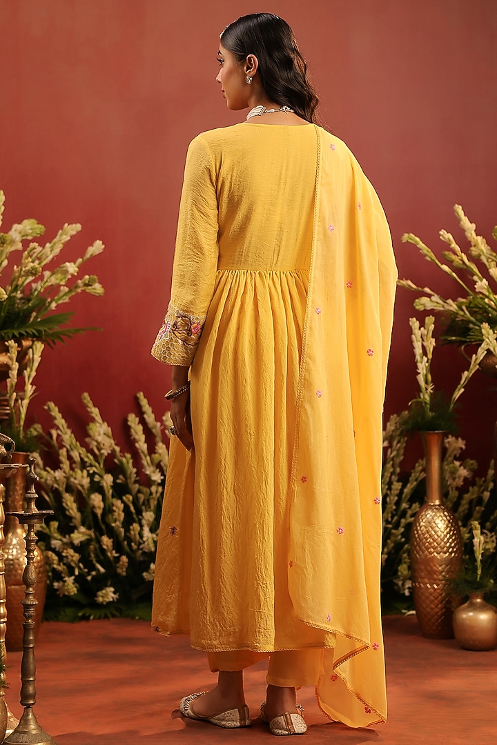 Yellow Mul Chanderi Floral Motif Embroidered Angrakha Anarkali Set by Scakhi Luxe at Pernia's Pop Up Shop