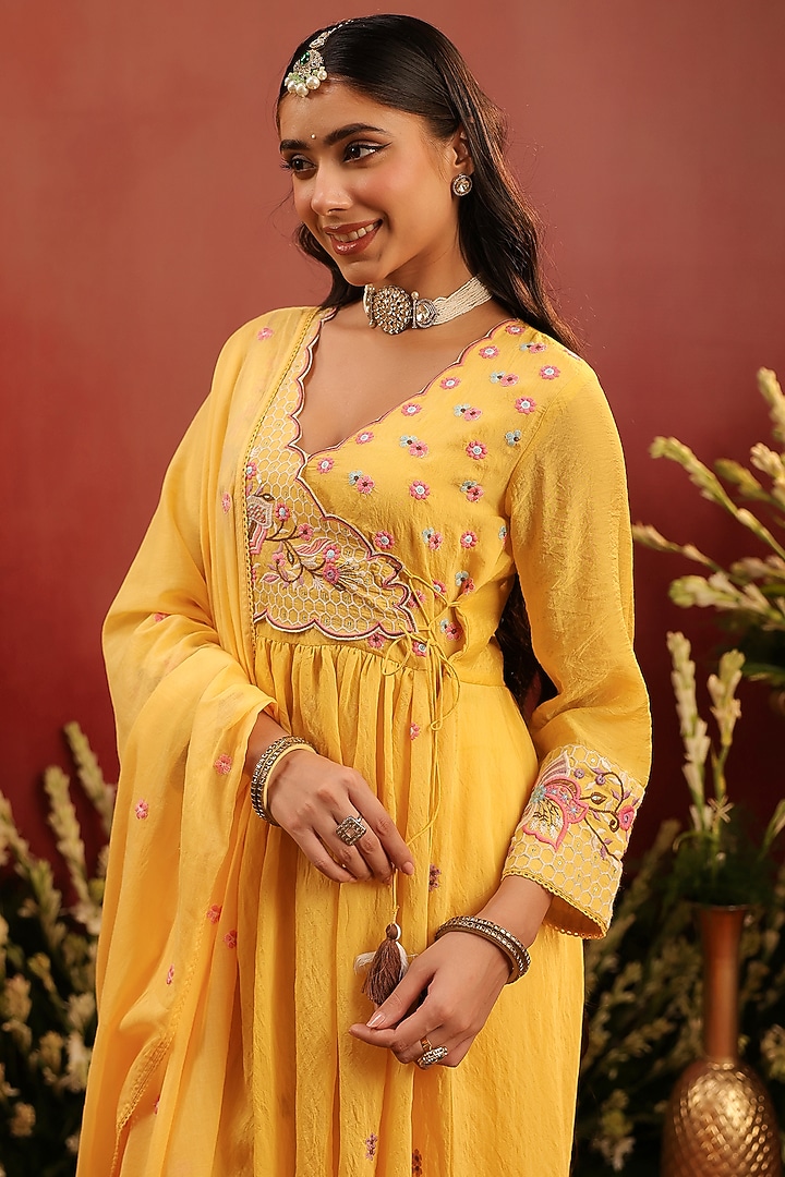 Yellow Mul Chanderi Floral Motif Embroidered Angrakha Anarkali Set by Scakhi Luxe at Pernia's Pop Up Shop