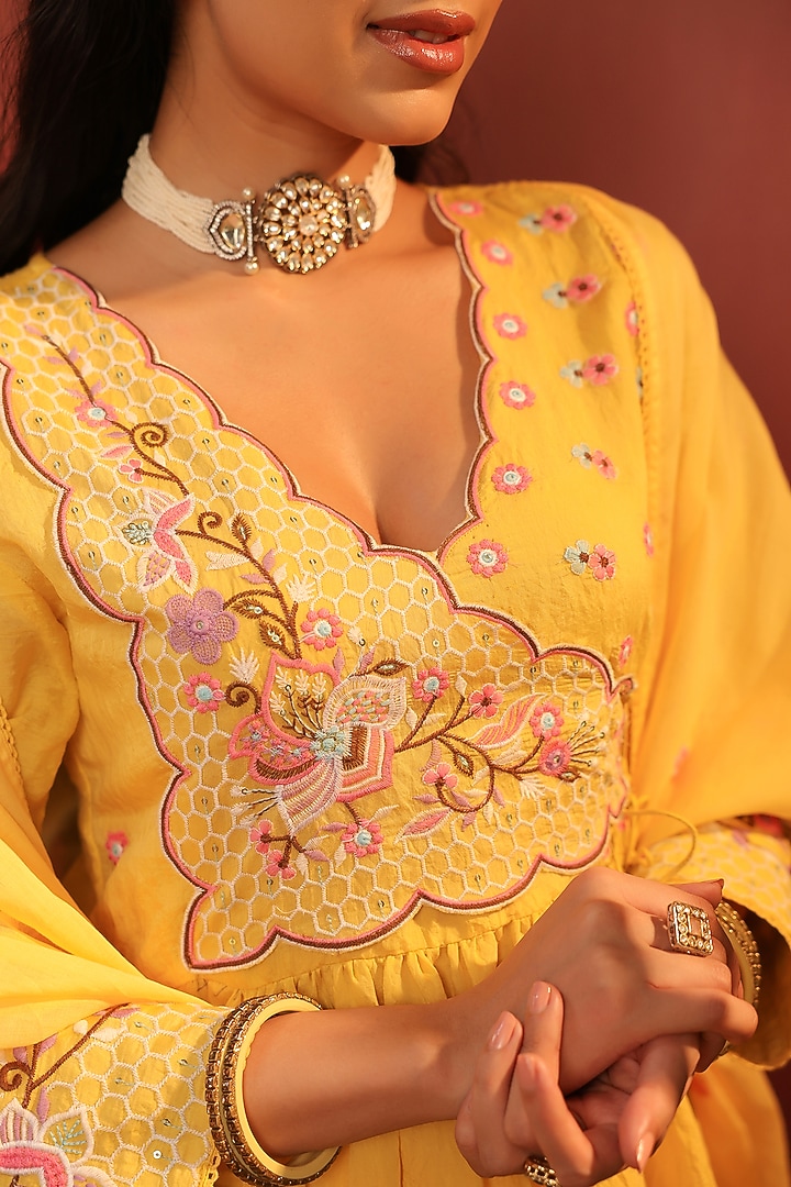 Yellow Mul Chanderi Floral Motif Embroidered Angrakha Anarkali Set by Scakhi Luxe at Pernia's Pop Up Shop