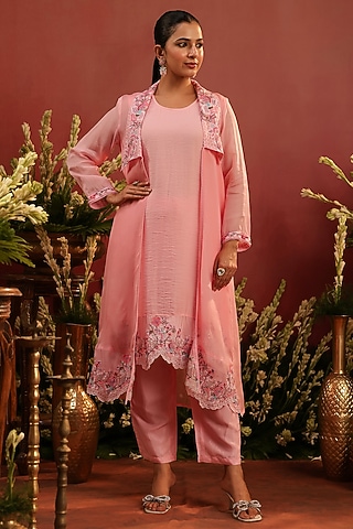 Pink Organza Silk Embroidered Cape Set by Scakhi Luxe