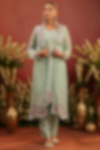 Sea Green Organza Silk Embroidered Cape Set by Scakhi Luxe at Pernia's Pop Up Shop