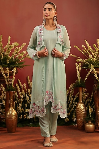Sea Green Organza Silk Embroidered Cape Set by Scakhi Luxe