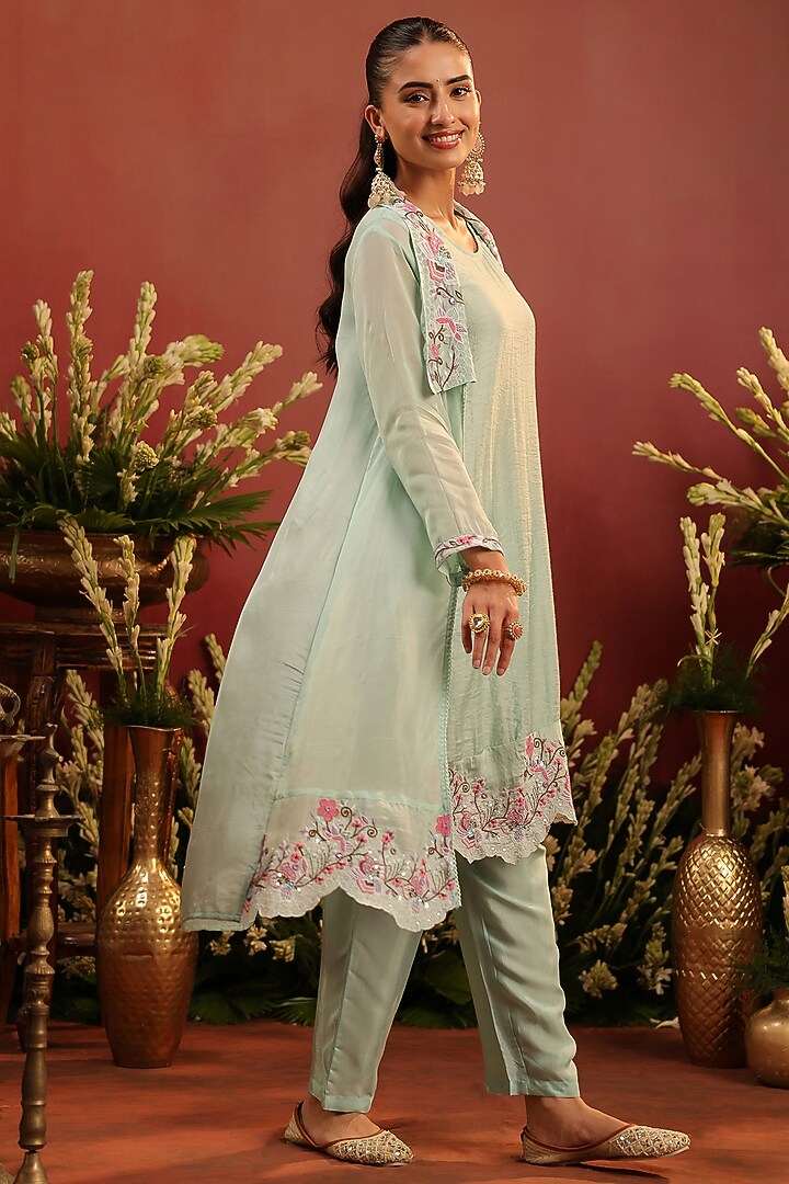 Sea Green Organza Silk Embroidered Cape Set by Scakhi Luxe at Pernia's Pop Up Shop