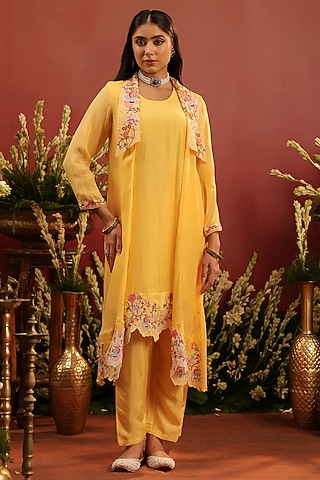 Yellow Organza Silk Embroidered Cape Set by Scakhi Luxe