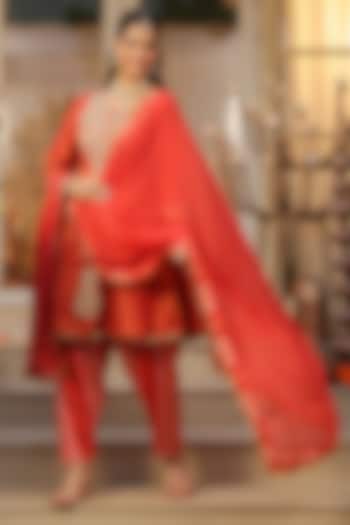 Rust Orange Shimmer Tissue Zari Embroidered Anarkali Set by Scakhi Luxe at Pernia's Pop Up Shop