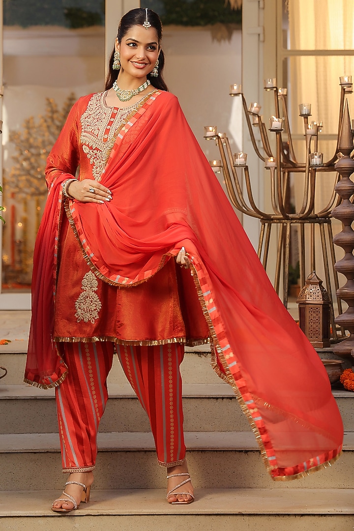 Rust Orange Shimmer Tissue Zari Embroidered Anarkali Set by Scakhi Luxe at Pernia's Pop Up Shop
