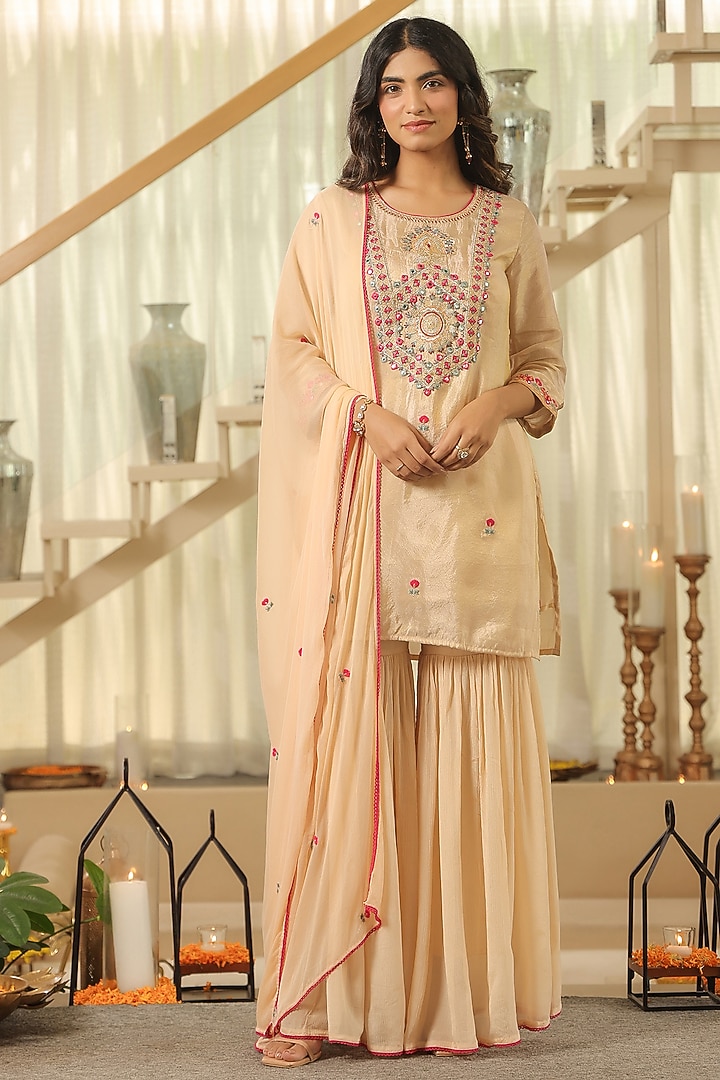 Beige Chinon Silk Sharara Set by Scakhi Luxe at Pernia's Pop Up Shop