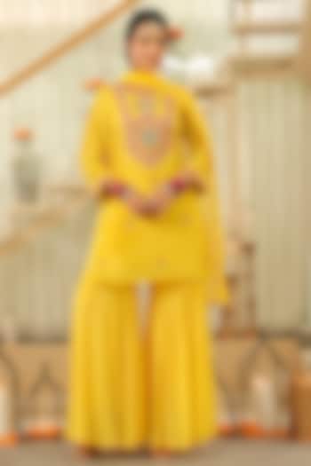 Yellow Chinon Silk Sharara Set by Scakhi Luxe at Pernia's Pop Up Shop