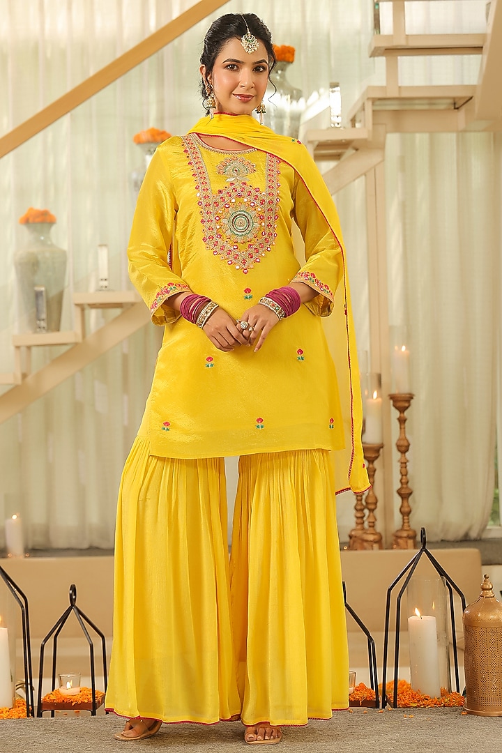 Yellow Chinon Silk Sharara Set by Scakhi Luxe at Pernia's Pop Up Shop