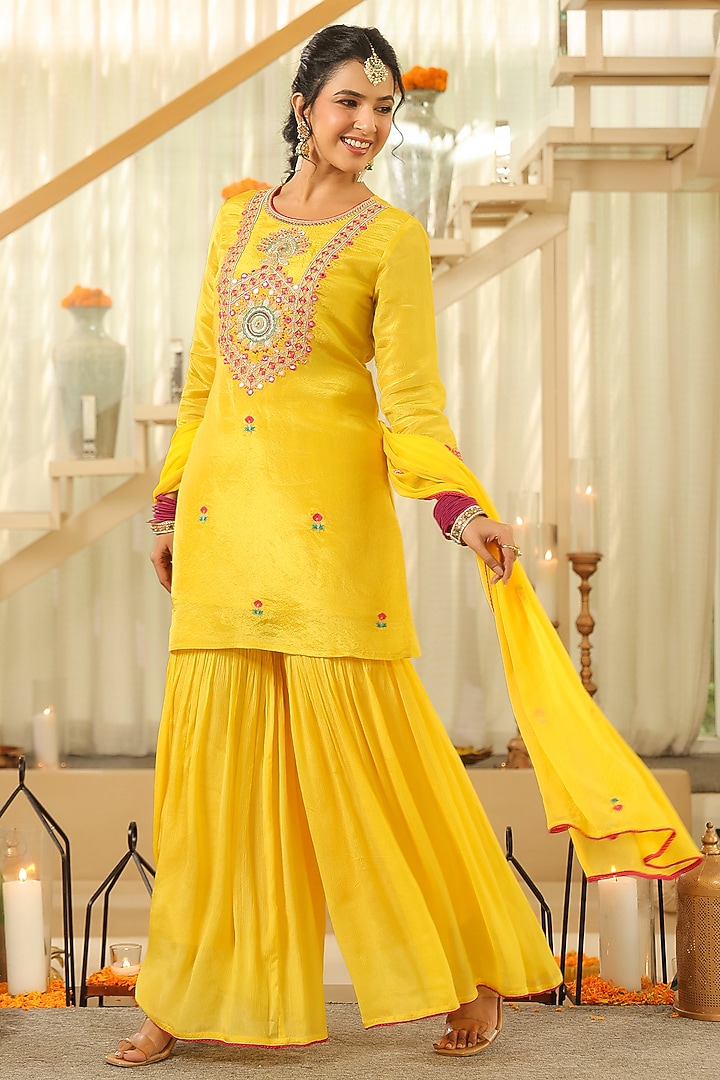 Yellow Chinon Silk Sharara Set by Scakhi Luxe at Pernia's Pop Up Shop