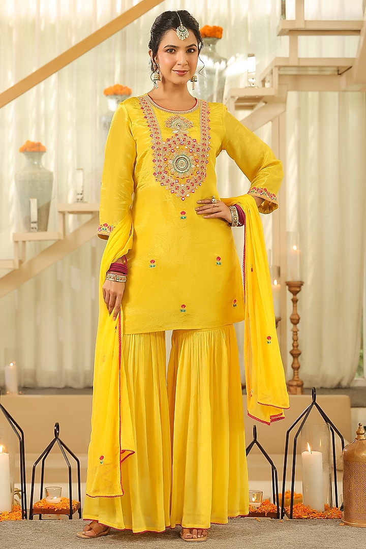 Yellow Chinon Silk Sharara Set by Scakhi Luxe at Pernia's Pop Up Shop