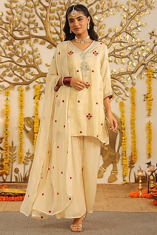 Ivory Chinon Silk Sharara Set by Scakhi Luxe