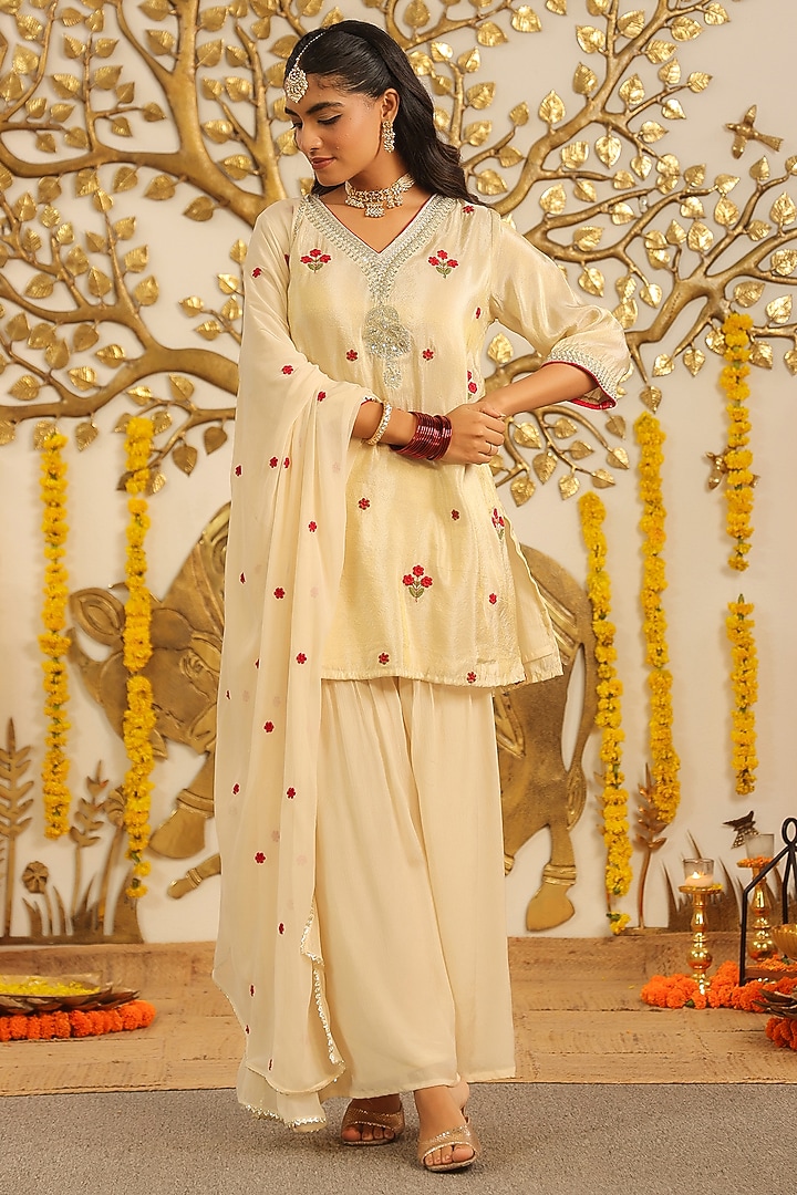 Ivory Chinon Silk Sharara Set by Scakhi Luxe at Pernia's Pop Up Shop