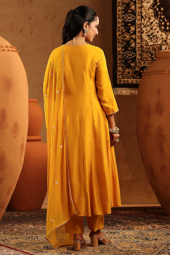 Yellow Russian Silk Thread Embroidered Anarkali Set by Scakhi Luxe at Pernia's Pop Up Shop