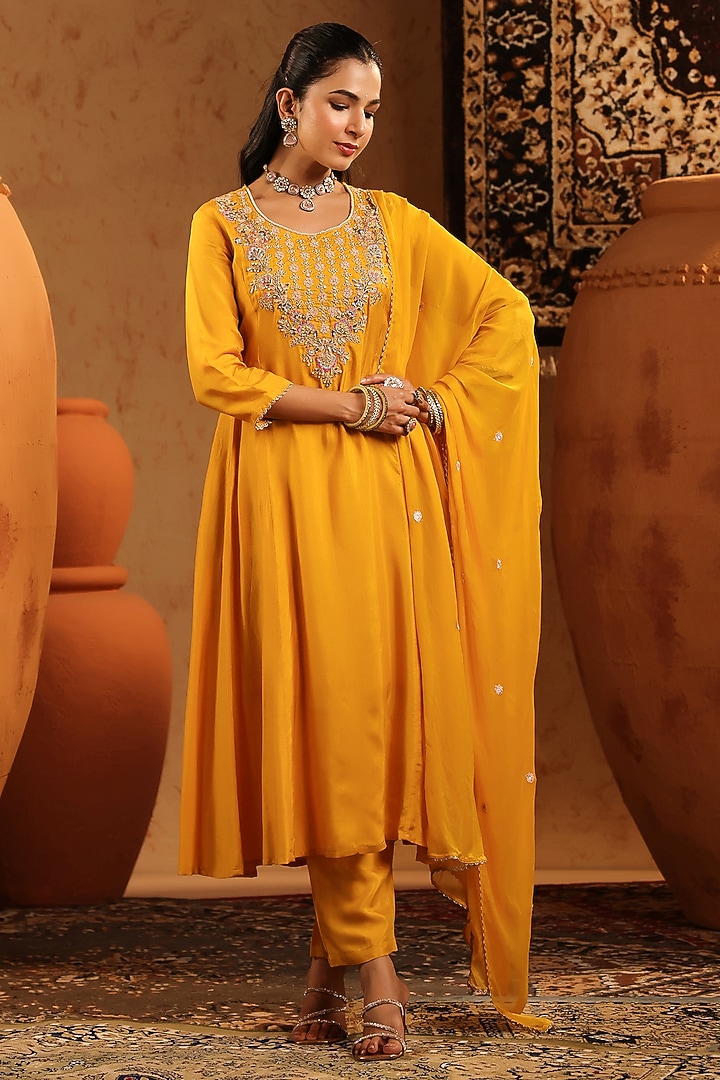 Yellow Russian Silk Thread Embroidered Anarkali Set by Scakhi Luxe at Pernia's Pop Up Shop