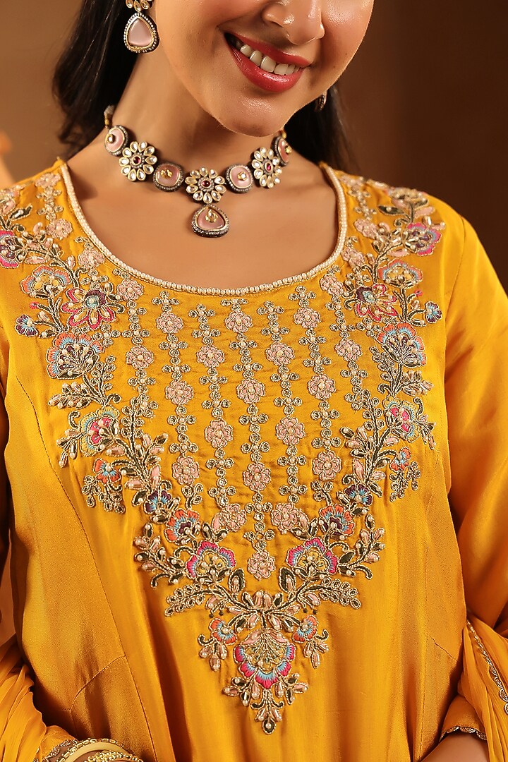Yellow Russian Silk Thread Embroidered Anarkali Set by Scakhi Luxe at Pernia's Pop Up Shop