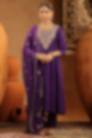 Purple Russian Silk Thread Embroidered Anarkali Set by Scakhi Luxe at Pernia's Pop Up Shop