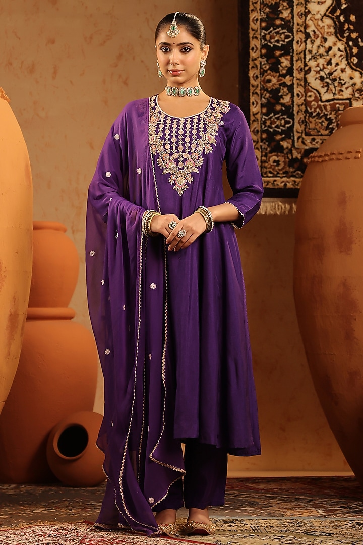 Purple Russian Silk Thread Embroidered Anarkali Set by Scakhi Luxe at Pernia's Pop Up Shop