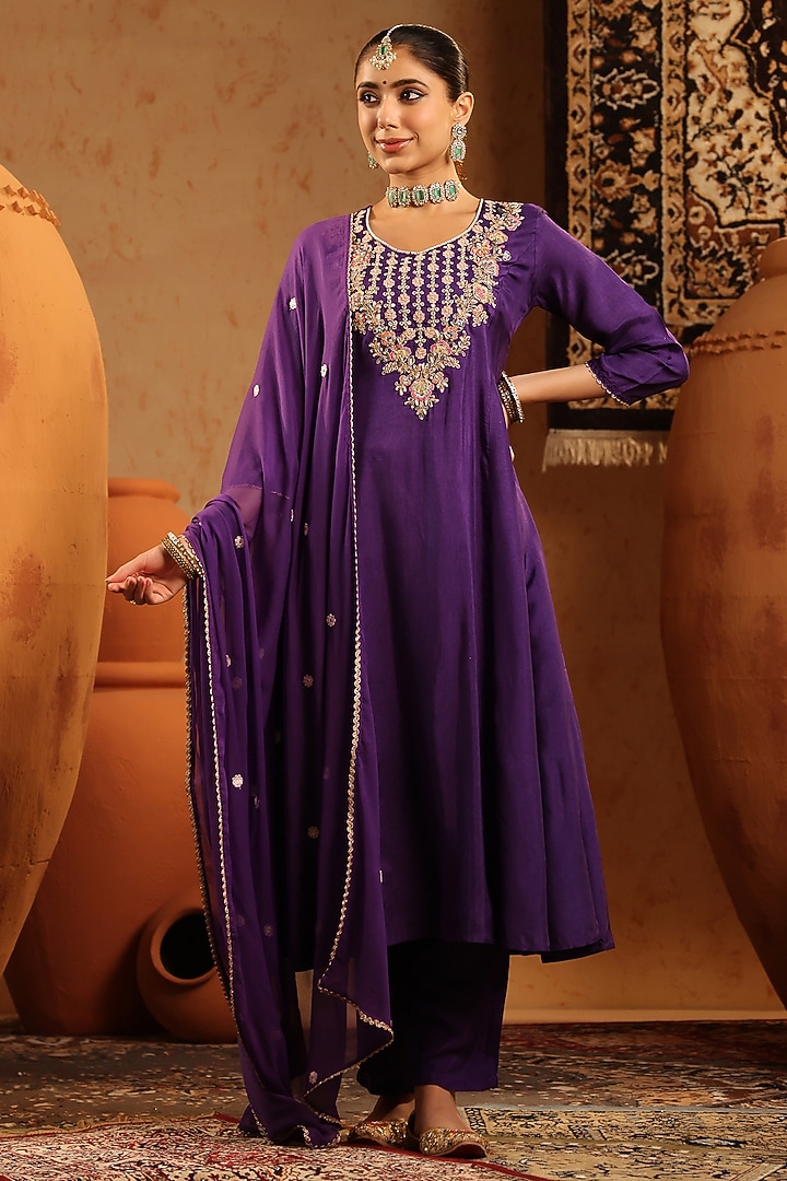 Purple Russian Silk Thread Embroidered Anarkali Set by Scakhi Luxe at Pernia's Pop Up Shop
