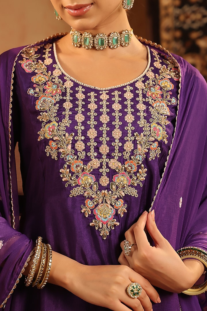 Purple Russian Silk Thread Embroidered Anarkali Set by Scakhi Luxe at Pernia's Pop Up Shop