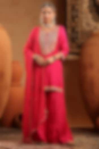 Fuchsia Russian Silk Thread Embroidered Sharara Set by Scakhi Luxe at Pernia's Pop Up Shop