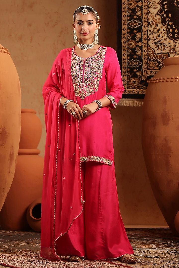 Fuchsia Russian Silk Thread Embroidered Sharara Set by Scakhi Luxe at Pernia's Pop Up Shop