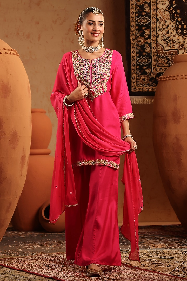 Fuchsia Russian Silk Thread Embroidered Sharara Set by Scakhi Luxe at Pernia's Pop Up Shop
