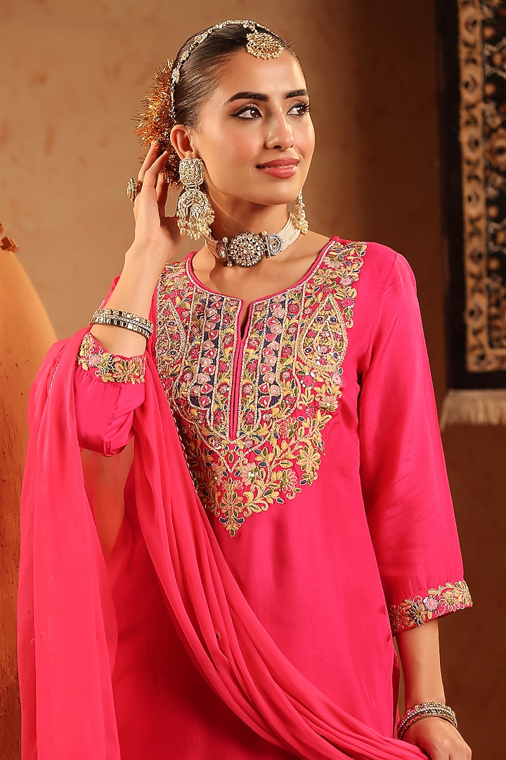 Fuchsia Russian Silk Thread Embroidered Sharara Set by Scakhi Luxe at Pernia's Pop Up Shop