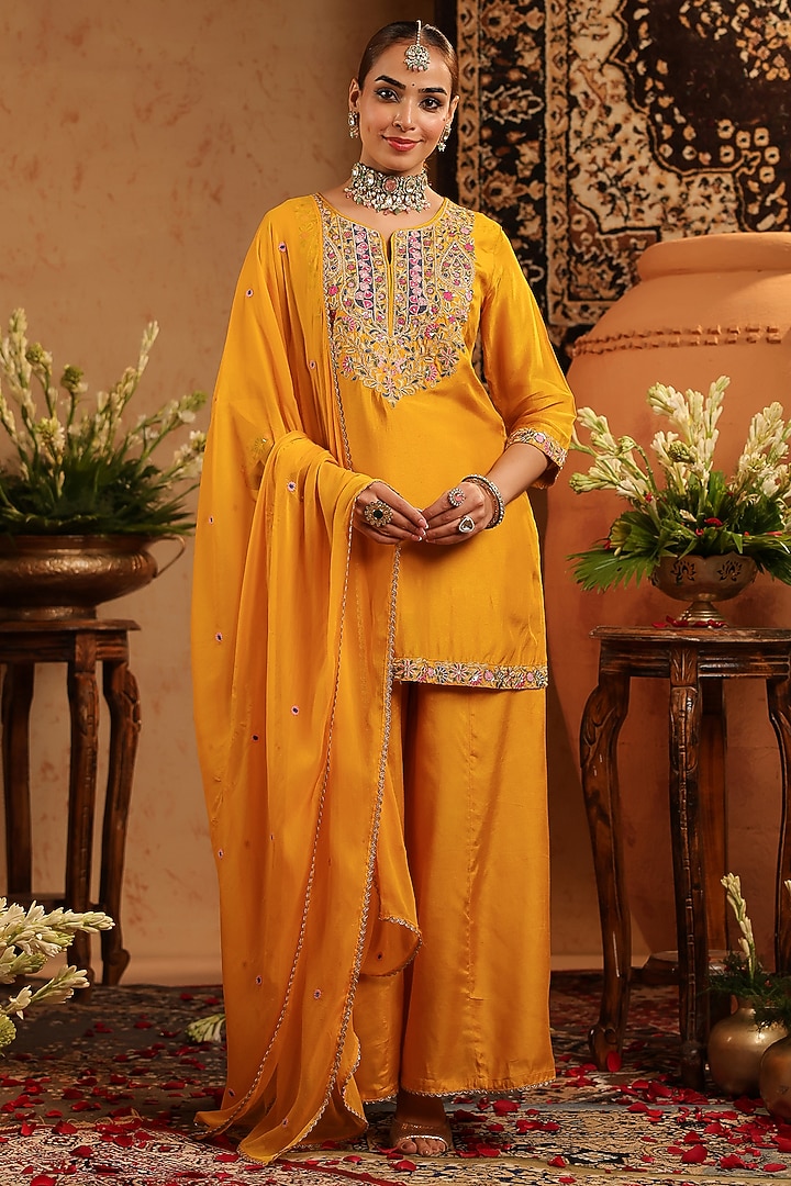 Mustard Russian Silk Thread Embroidered Sharara Set by Scakhi Luxe at Pernia's Pop Up Shop