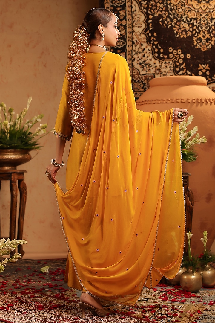 Mustard Russian Silk Thread Embroidered Sharara Set by Scakhi Luxe at Pernia's Pop Up Shop