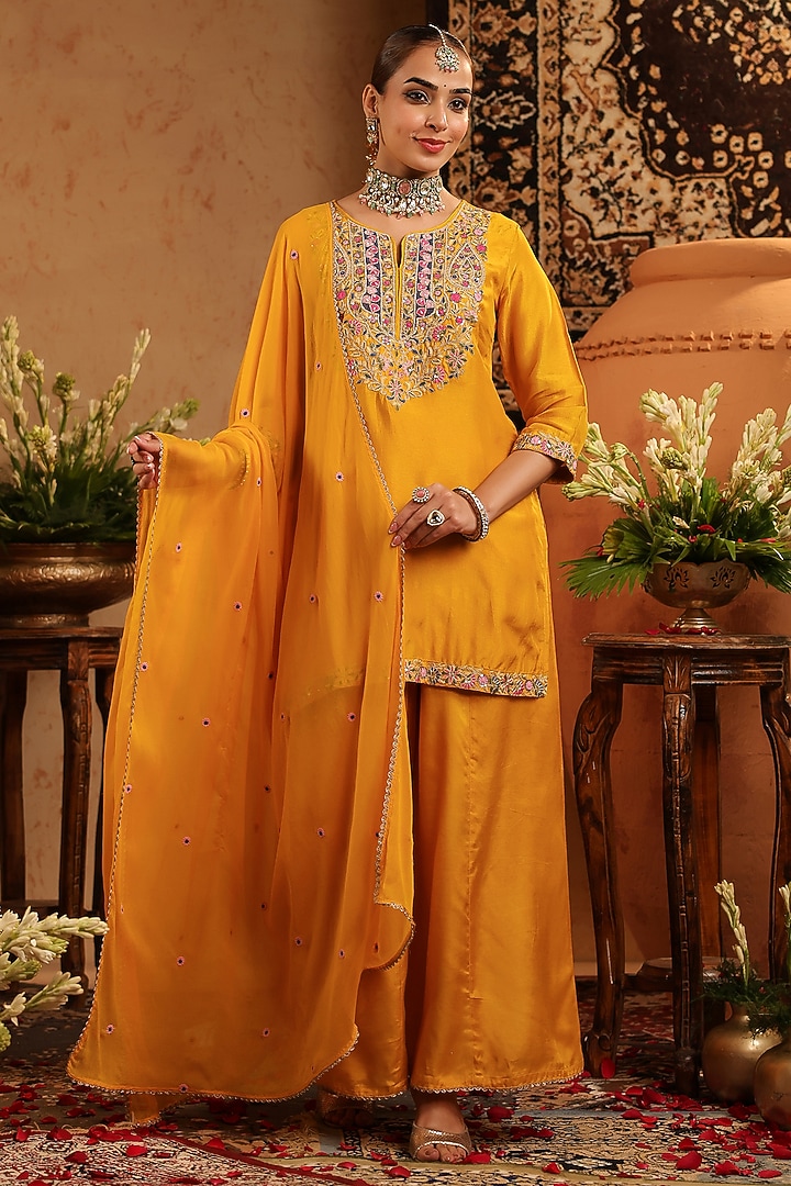Mustard Russian Silk Thread Embroidered Sharara Set by Scakhi Luxe at Pernia's Pop Up Shop
