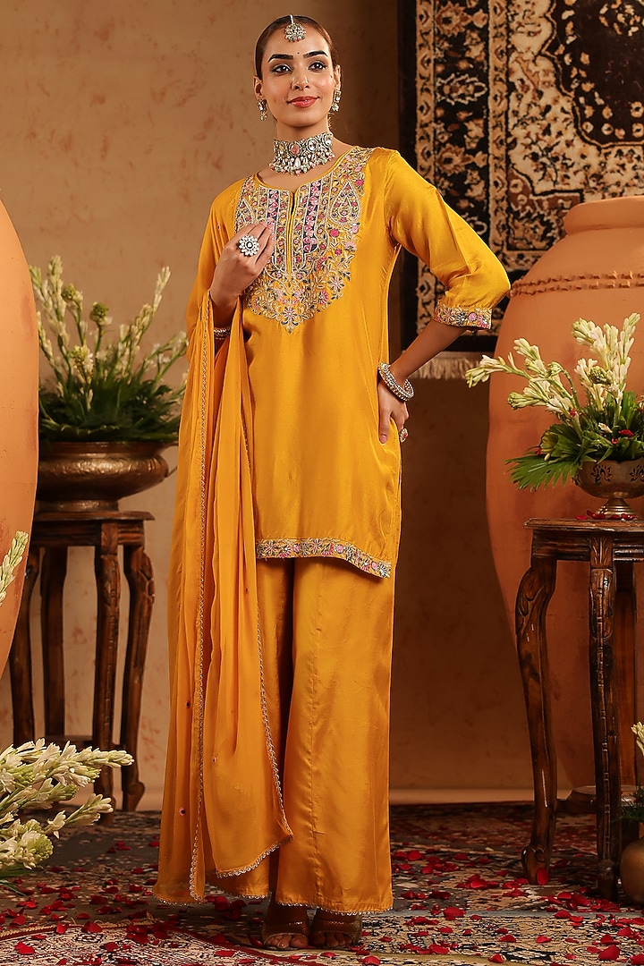 Mustard Russian Silk Thread Embroidered Sharara Set by Scakhi Luxe at Pernia's Pop Up Shop