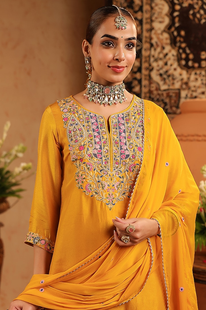 Mustard Russian Silk Thread Embroidered Sharara Set by Scakhi Luxe at Pernia's Pop Up Shop