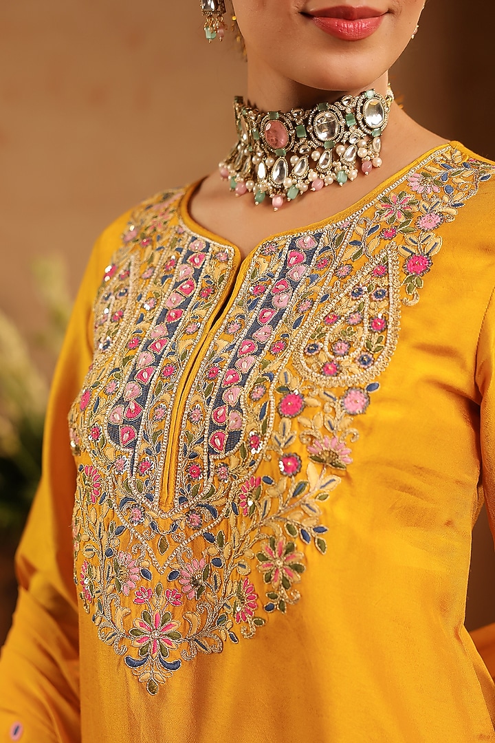 Mustard Russian Silk Thread Embroidered Sharara Set by Scakhi Luxe at Pernia's Pop Up Shop