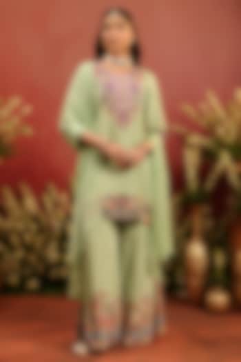 Pista Green Crepe Silk Thread Embroidered Sharara Set by Scakhi Luxe at Pernia's Pop Up Shop